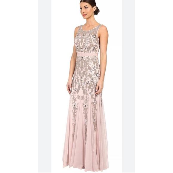 Adrianna Papell Beaded Illusion Mesh Gown Pink Blush Formal Dress Size 14 - Picture 3 of 15